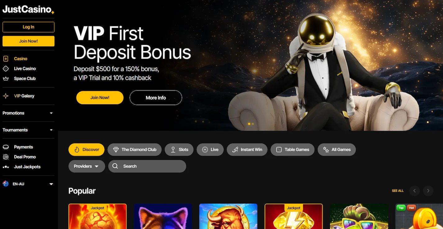 JustCasino homepage showing VIP deposit bonus offer, popular online pokies and site navigation